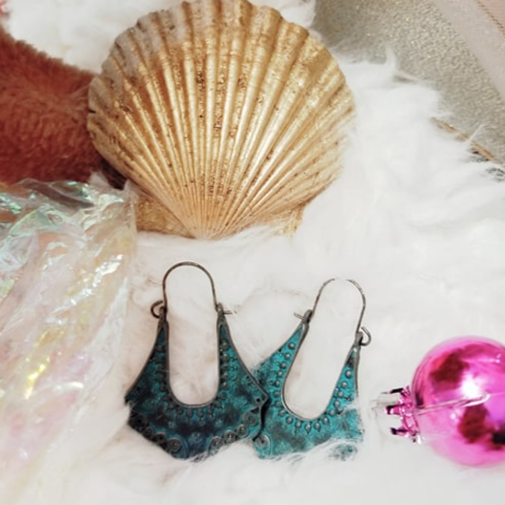 BOHO PATINA Teal and Silver EARRINGS ~ metal flair - Picture 4 of 8